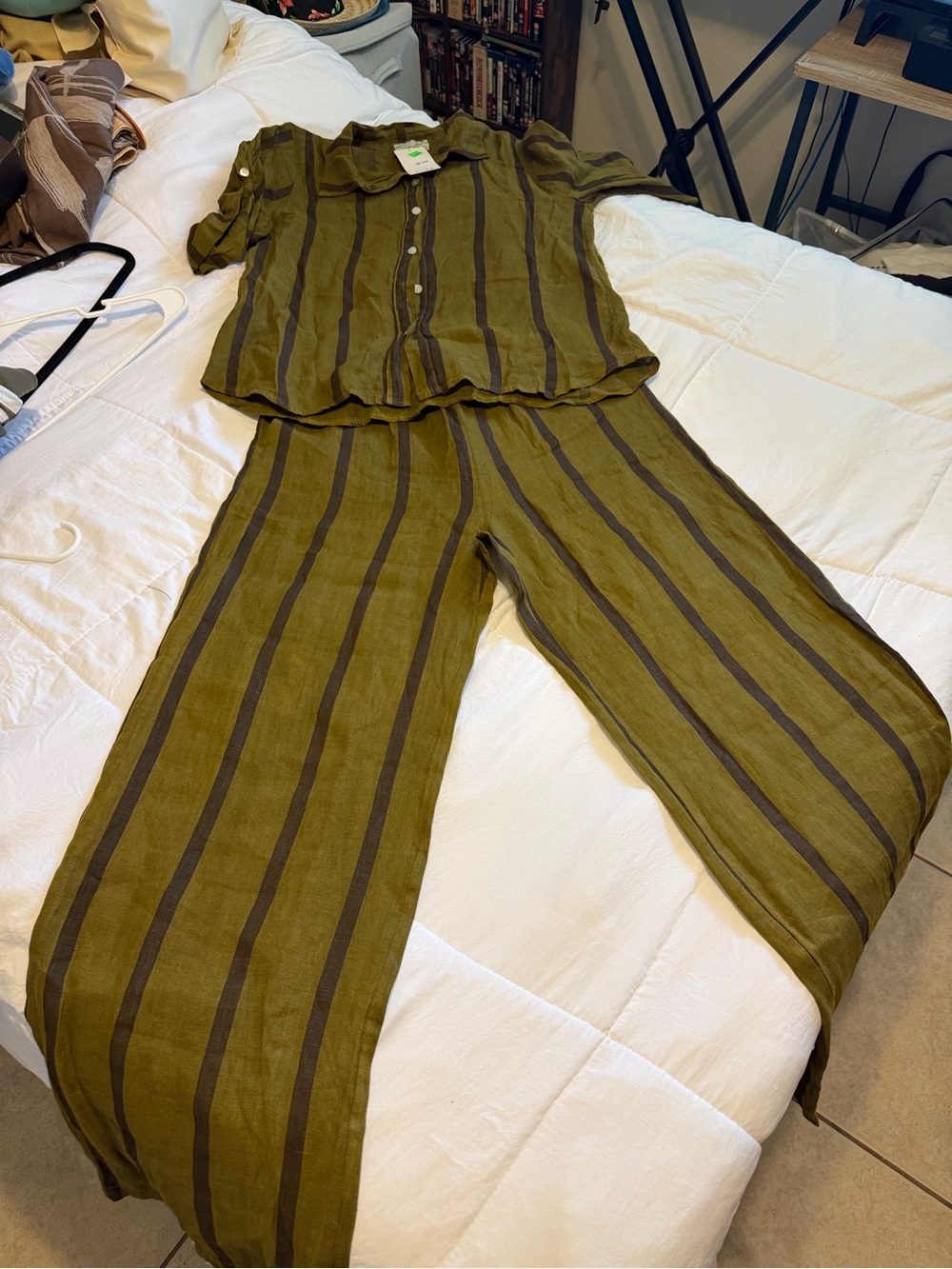 Striped Olive Wide-Leg Pants Set in Linen